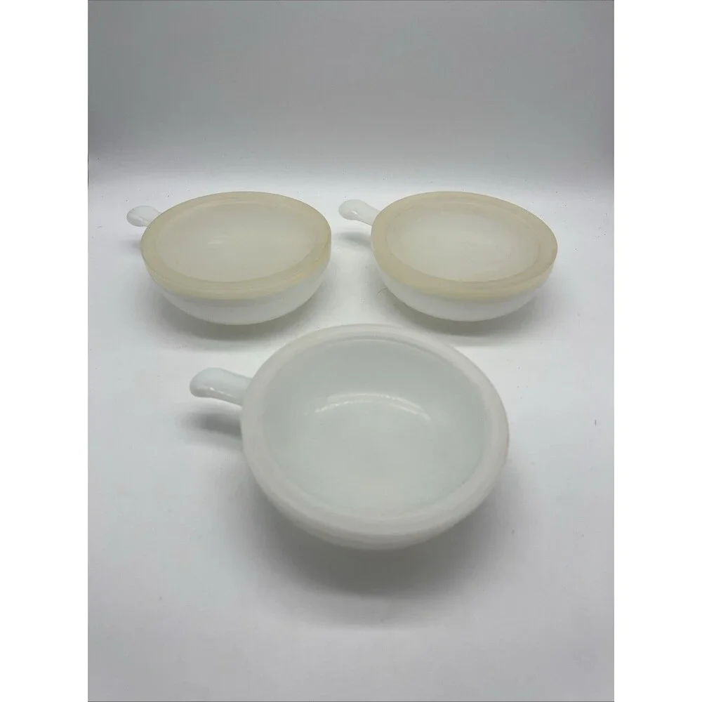 Vintage Glasbake Soup Bowls White Milk Glass Handled Crocks, Set of 3 With Lids